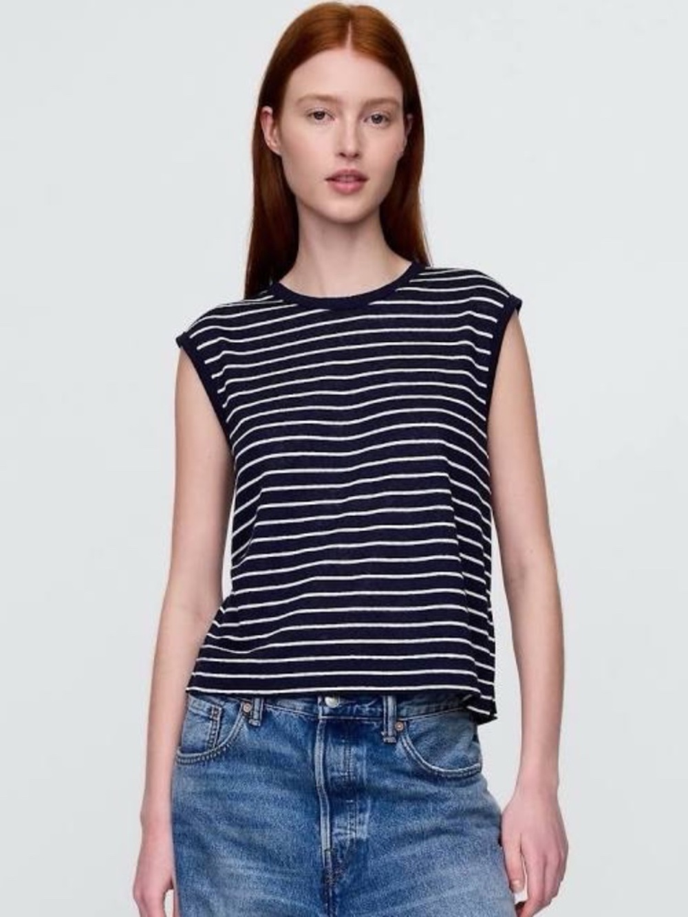 Gap Linen Blend Navy Blue and White Striped Muscle Tank